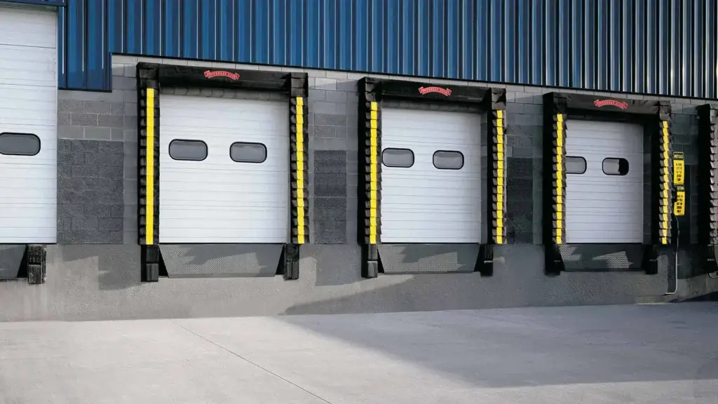 Commercial dock equipment featuring three overhead loading doors with yellow bumpers, designed for efficient cargo handling and loading in industrial settings.