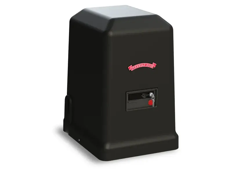 Slide gate operator by Overhead Door Company, featuring a weather-resistant design, advanced controls, and intuitive LCD display, suitable for residential and light commercial use.