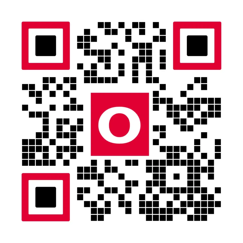 QR code for accessing the DoorDreamer™ garage door design tool by Overhead Door Company of the Antelope Valley™, featuring a prominent red "O" logo.