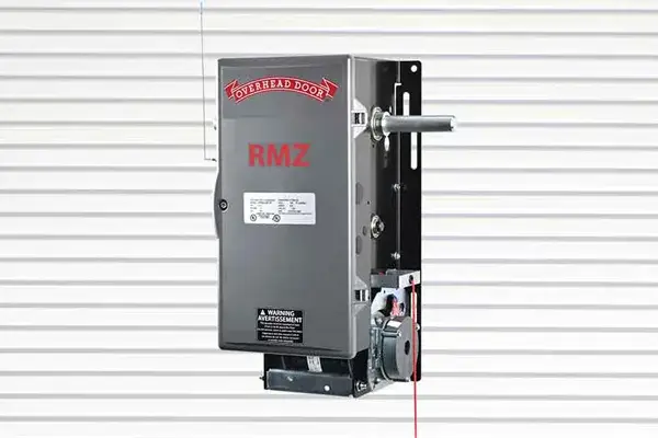 Commercial garage door operator RMZ model by Overhead Door Company, featuring efficient motor design and durability, mounted on a wall with a neutral background.