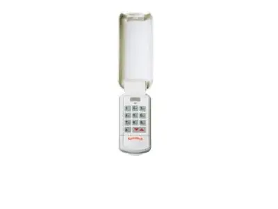 Wireless garage door keypad model OKP-BX with CodeDodger technology, featuring a numeric keypad and protective cover.