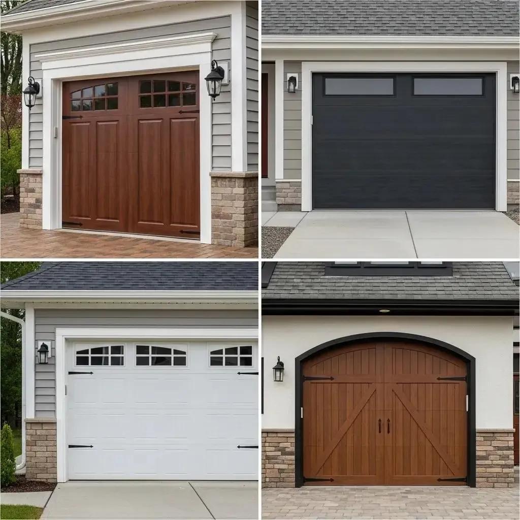 Four distinct garage doors showcasing various styles and designs: a wooden garage door with windows, a sleek black door, a white door with decorative windows, and a brown arched door, emphasizing aesthetics and functionality in garage door options.