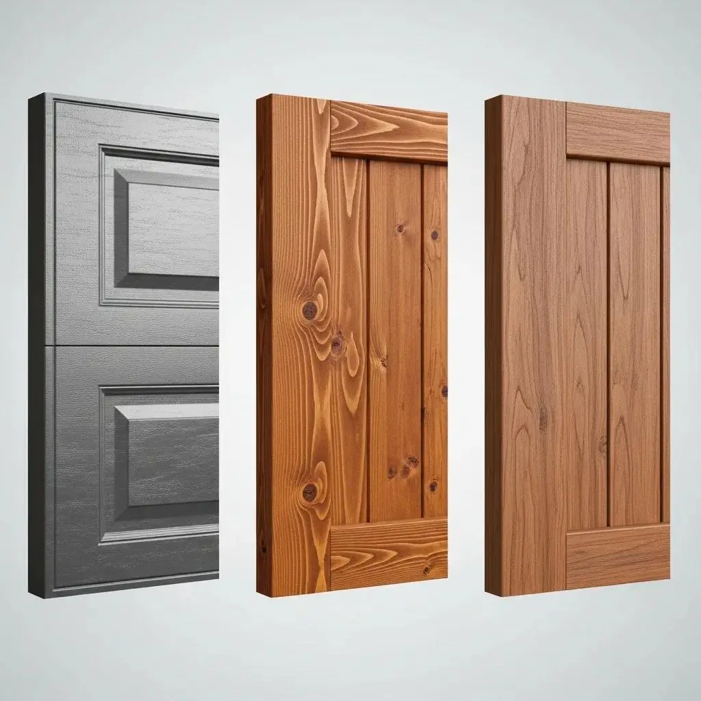 Close-up of garage door materials showcasing steel, wood, and composite textures and finishes, highlighting options for durability and style.