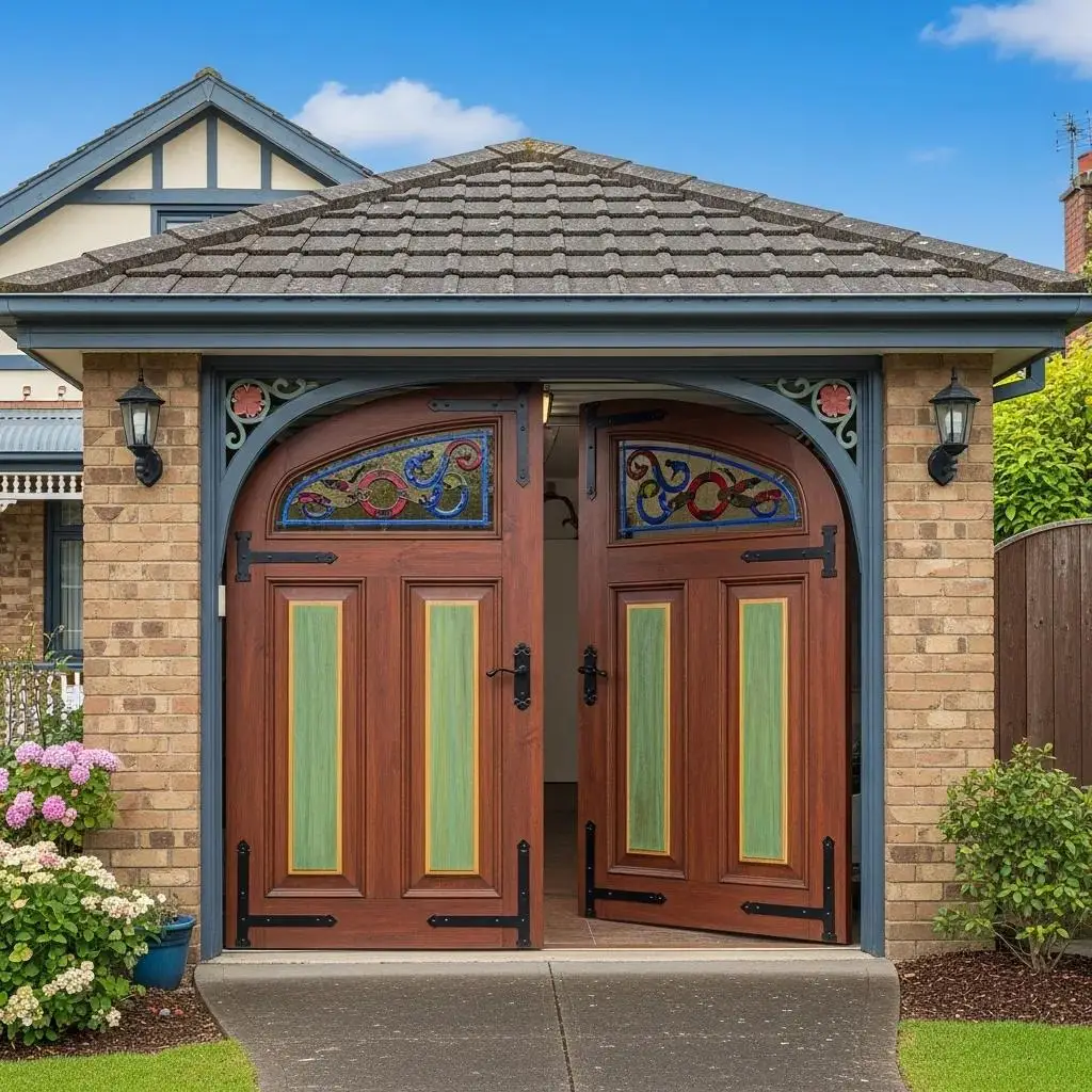 Custom garage door with vibrant colors and intricate details enhancing home curb appeal, featuring stained glass accents and decorative hardware, surrounded by landscaped garden.