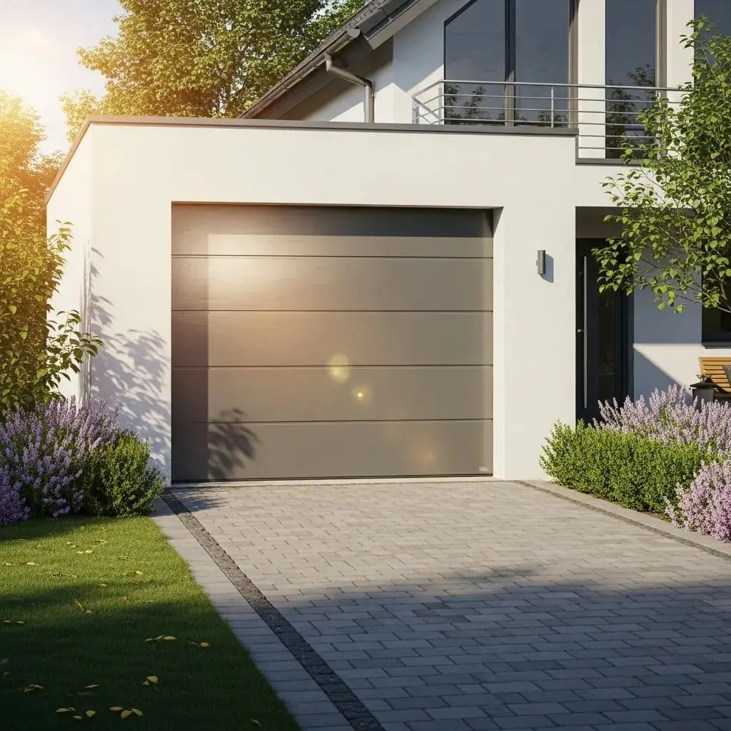 Energy-efficient garage door installed on a modern home, showcasing insulation features and design