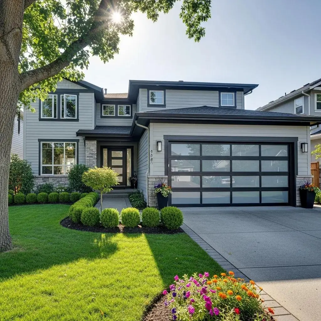 Modern garage door installation in a suburban home with a well-maintained yard