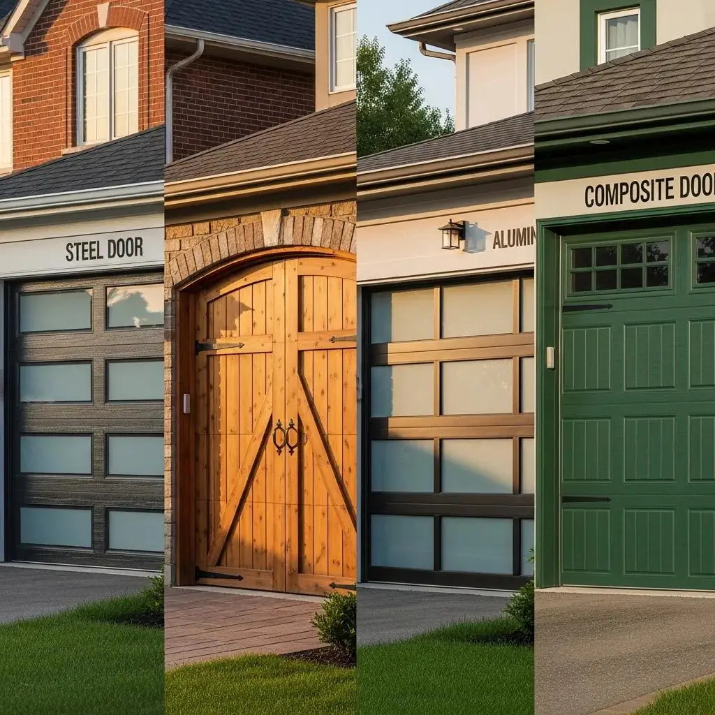 Variety of residential garage doors showcasing different materials and styles in a suburban setting