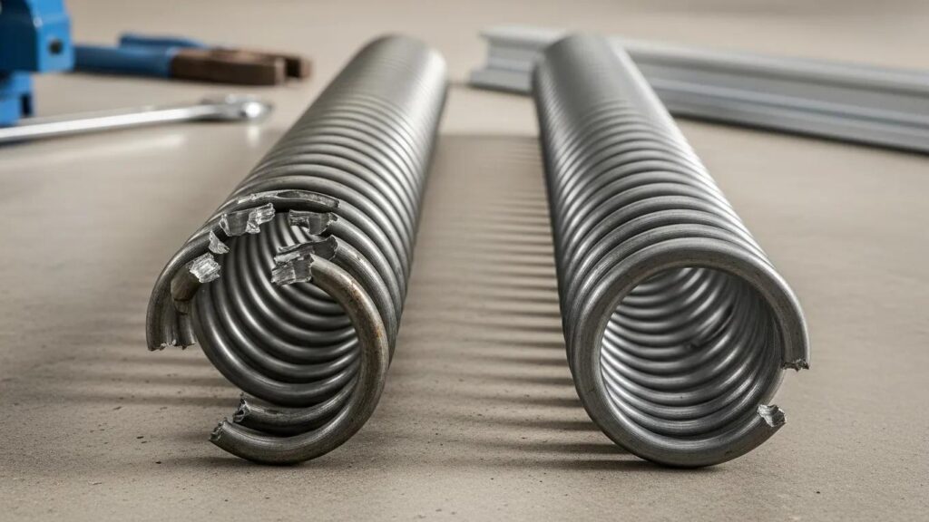 Close-up of a broken garage door spring next to a new spring, illustrating the need for replacement