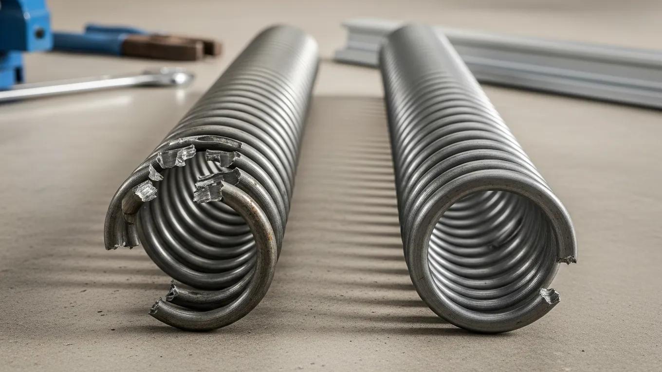 Close-up of a broken garage door spring next to a new spring, illustrating the need for replacement