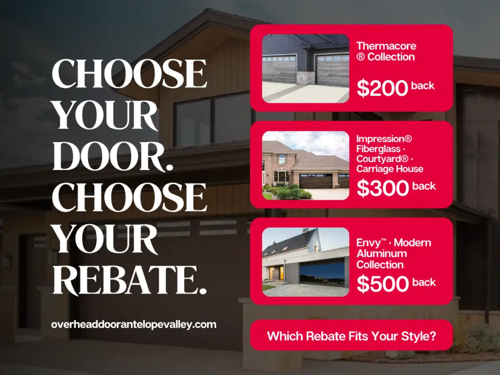 Overhead Door garage door styles and rebates, including Thermacore, Impression, and Envy collections.