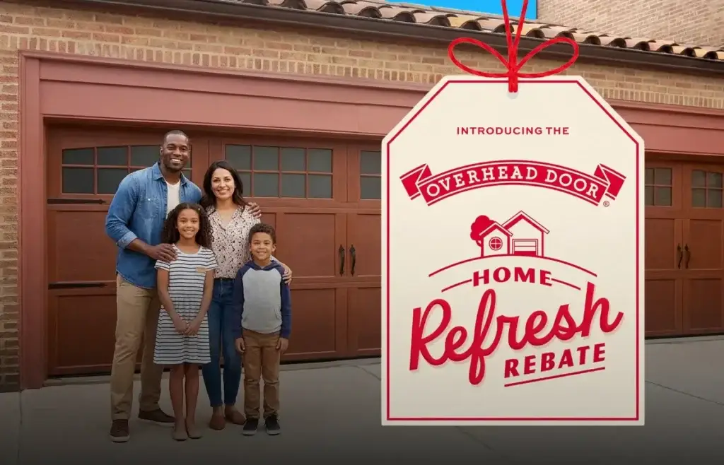 Family standing in front of new Overhead Door garage, promoting home refresh rebate savings.