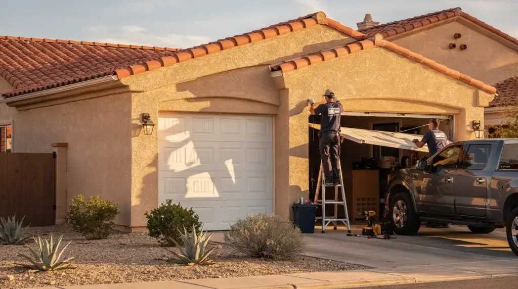 Overhead Door Company technicians repairing residential garage door in Lancaster, CA