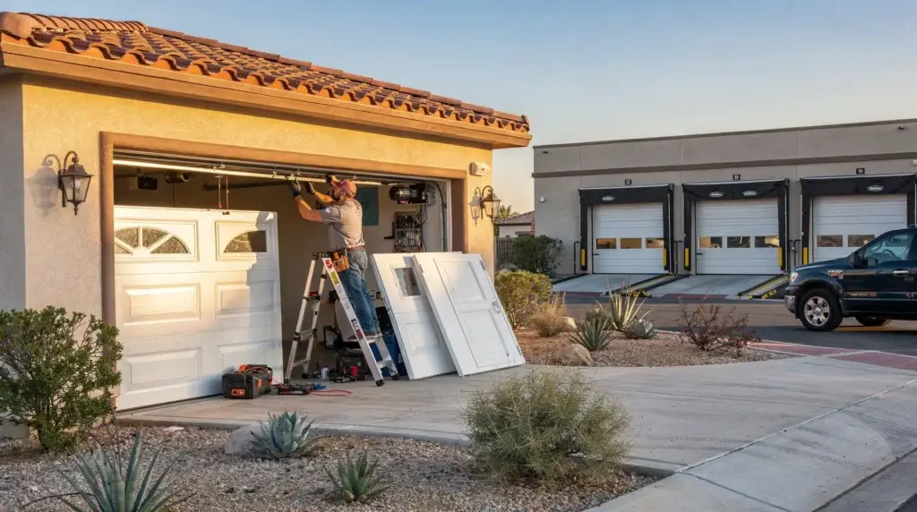 Factory-trained technician repairing garage door in Lancaster, CA, demonstrating quality workmanship and repair expertise.