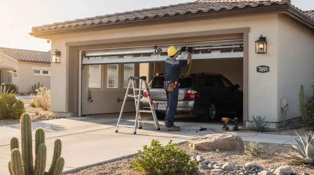 Licensed garage door installer working on residential garage door in Lancaster, CA, ensuring safety and