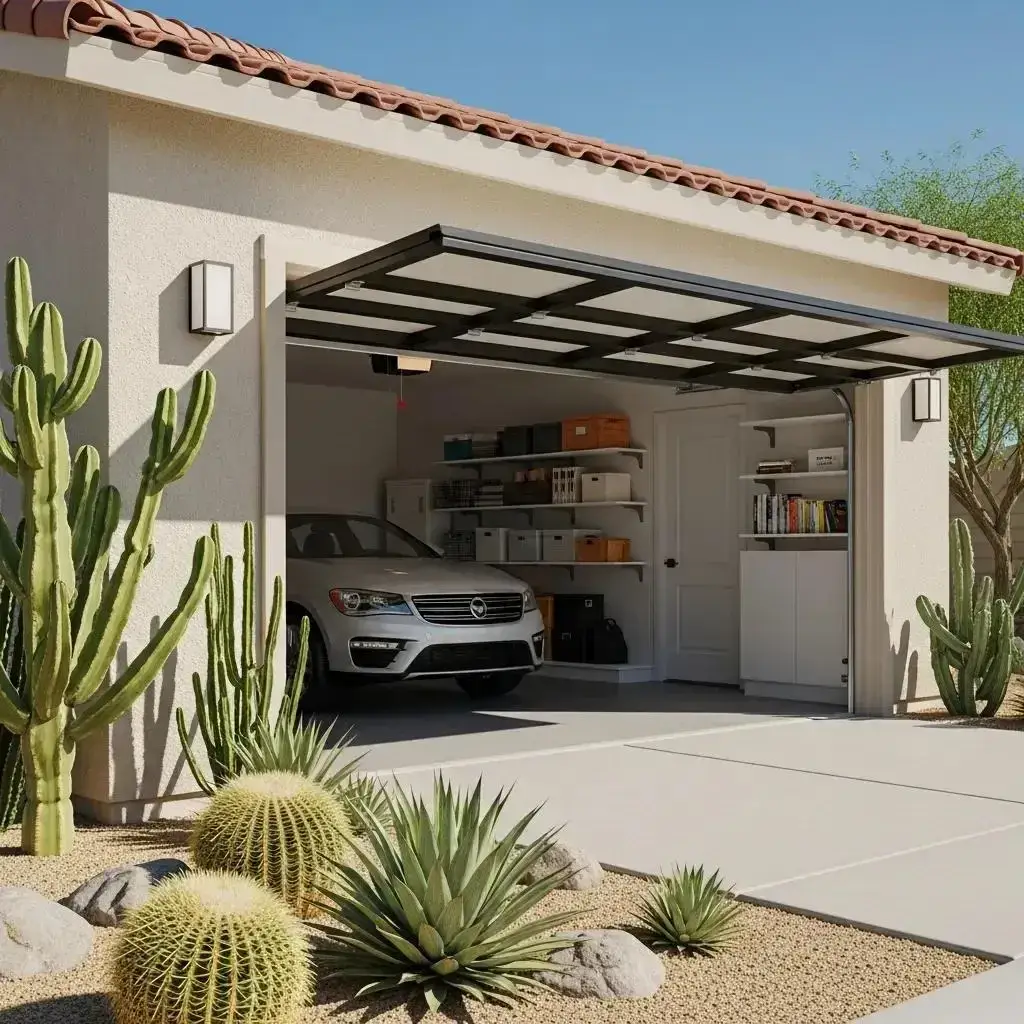 Modern garage with a parked car, shelving, and desert landscaping